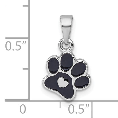 Sterling Silver Rhodium-plated Polished Black Enamel Paw Print with Heart Pendant