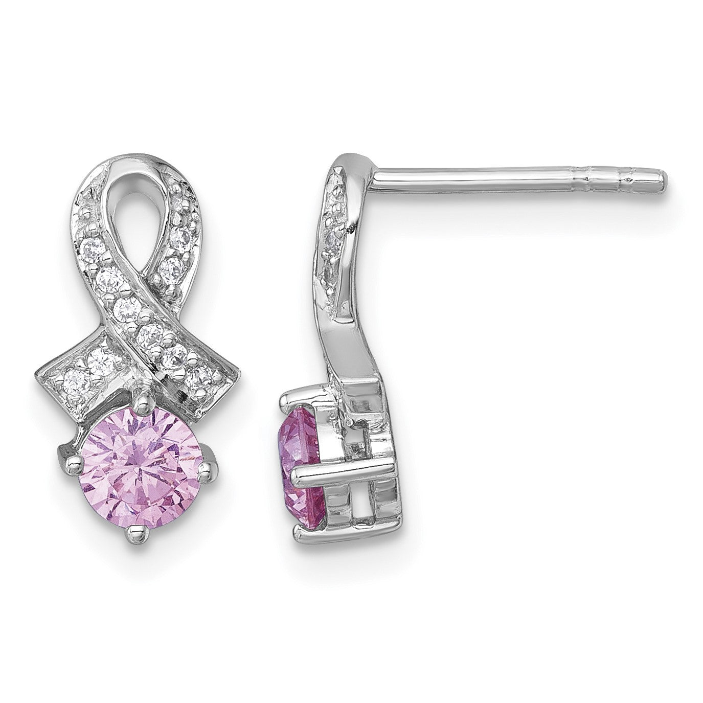Sterling Silver Rhodium-plated Polished Round Pink and White CZ Awareness Ribbon Post Earrings
