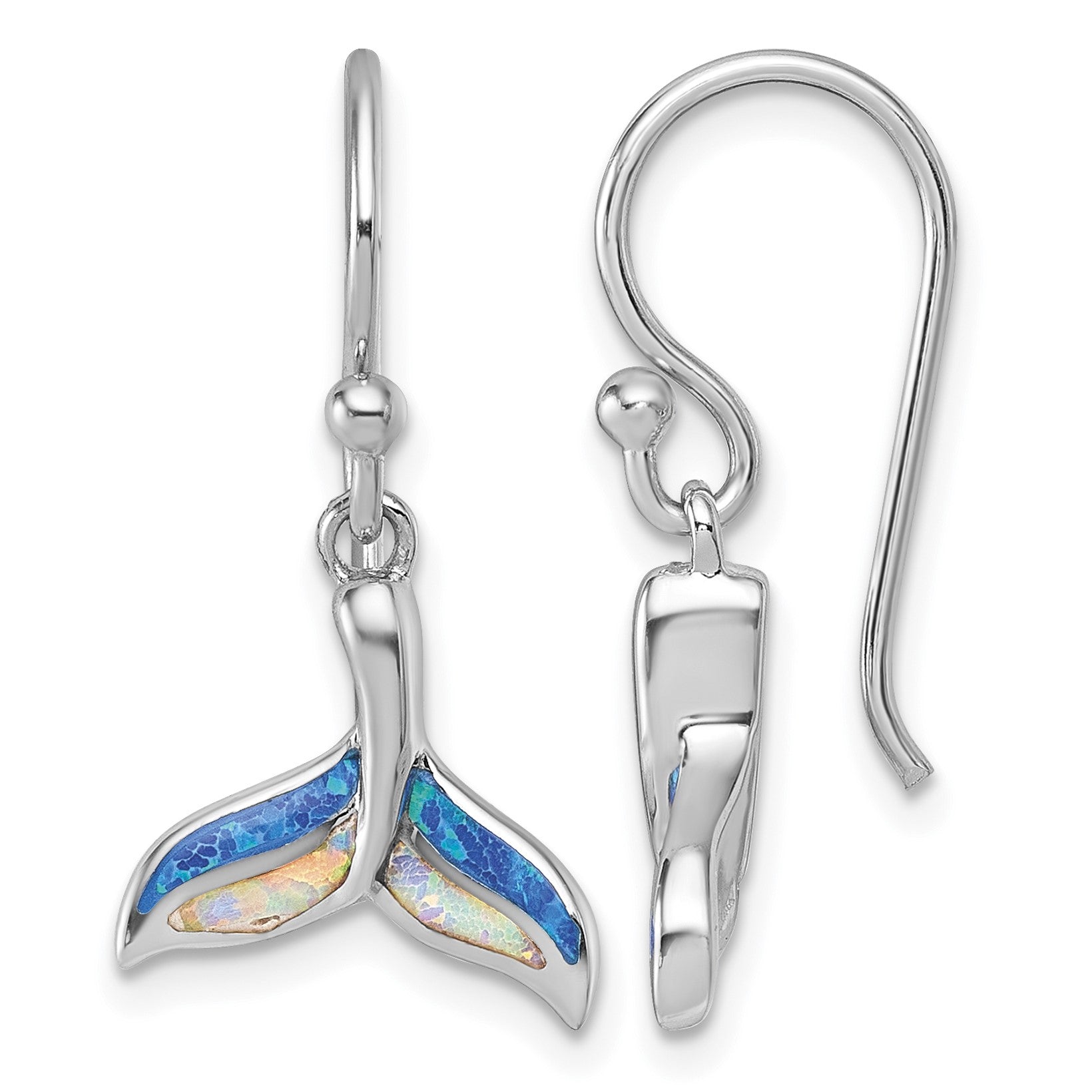 Sterling Silver Rhodium-plated Polished Lab Created Opal Whale Tail Dangle Shepherd Hook Earrings
