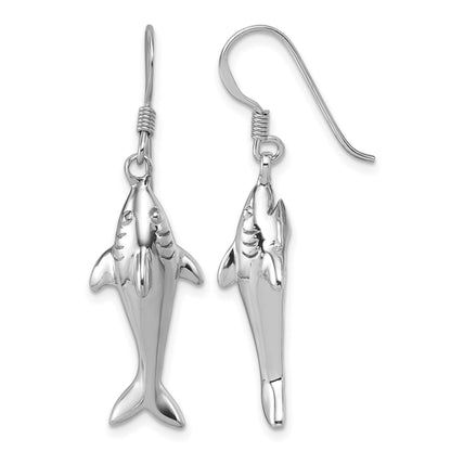 Sterling Silver Rhodium-plated Polished Shark Dangle Shepherd Hook Earrings