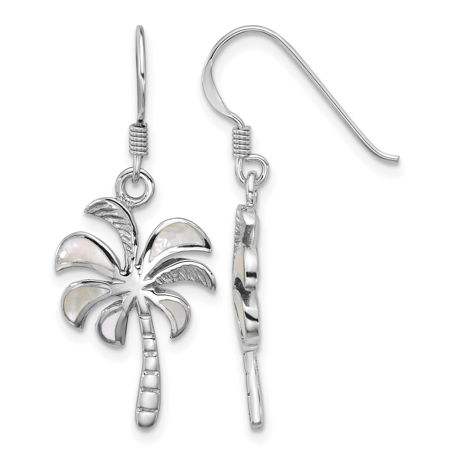 Sterling Silver Rhodium-plated Polished Mother of Pearl Palm Tree Dangle Shepherd Hook Earrings
