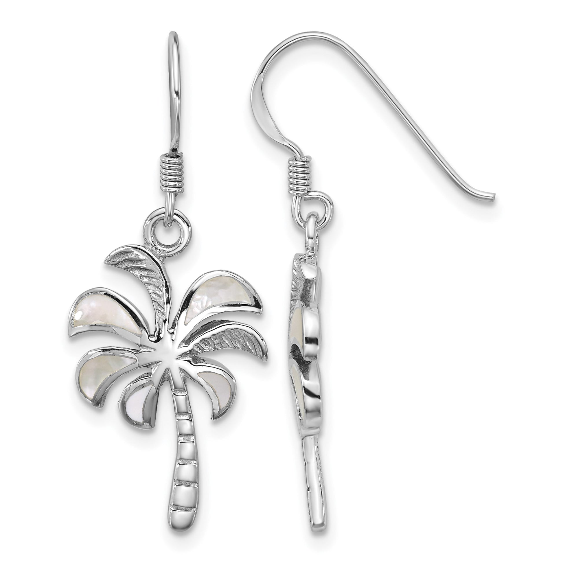 Sterling Silver Rhodium-plated Polished Mother of Pearl Palm Tree Dangle Shepherd Hook Earrings