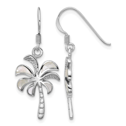 Sterling Silver Rhodium-plated Polished Mother of Pearl Palm Tree Dangle Shepherd Hook Earrings
