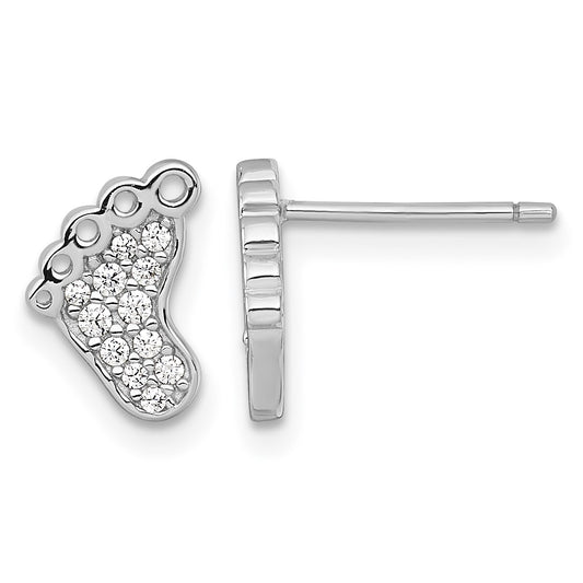Sterling Silver Rhodium-plated Polished CZ Footprints Post Earrings