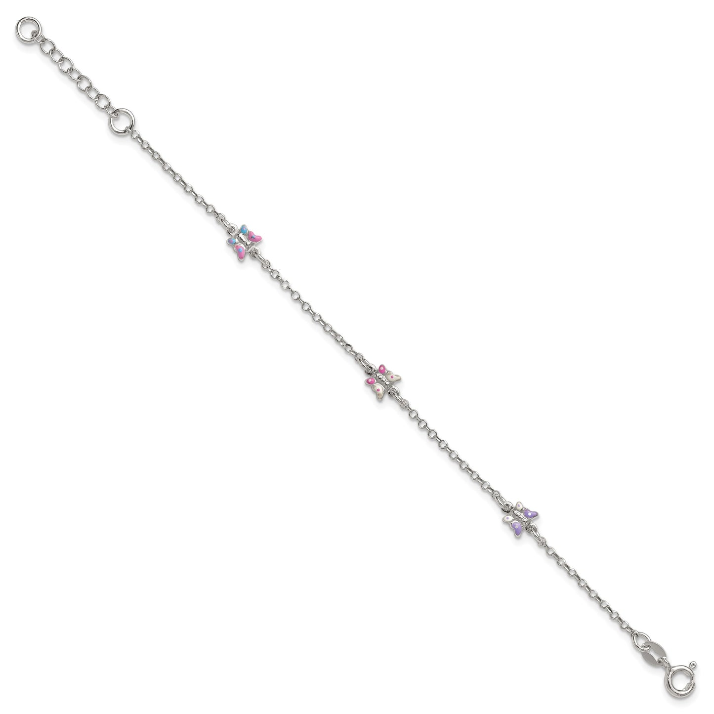 Sterling Silver Polished Pink/Purple/White/Blue Enameled Butterfly 6 inch with 1 inch extension Childrens Bracelet