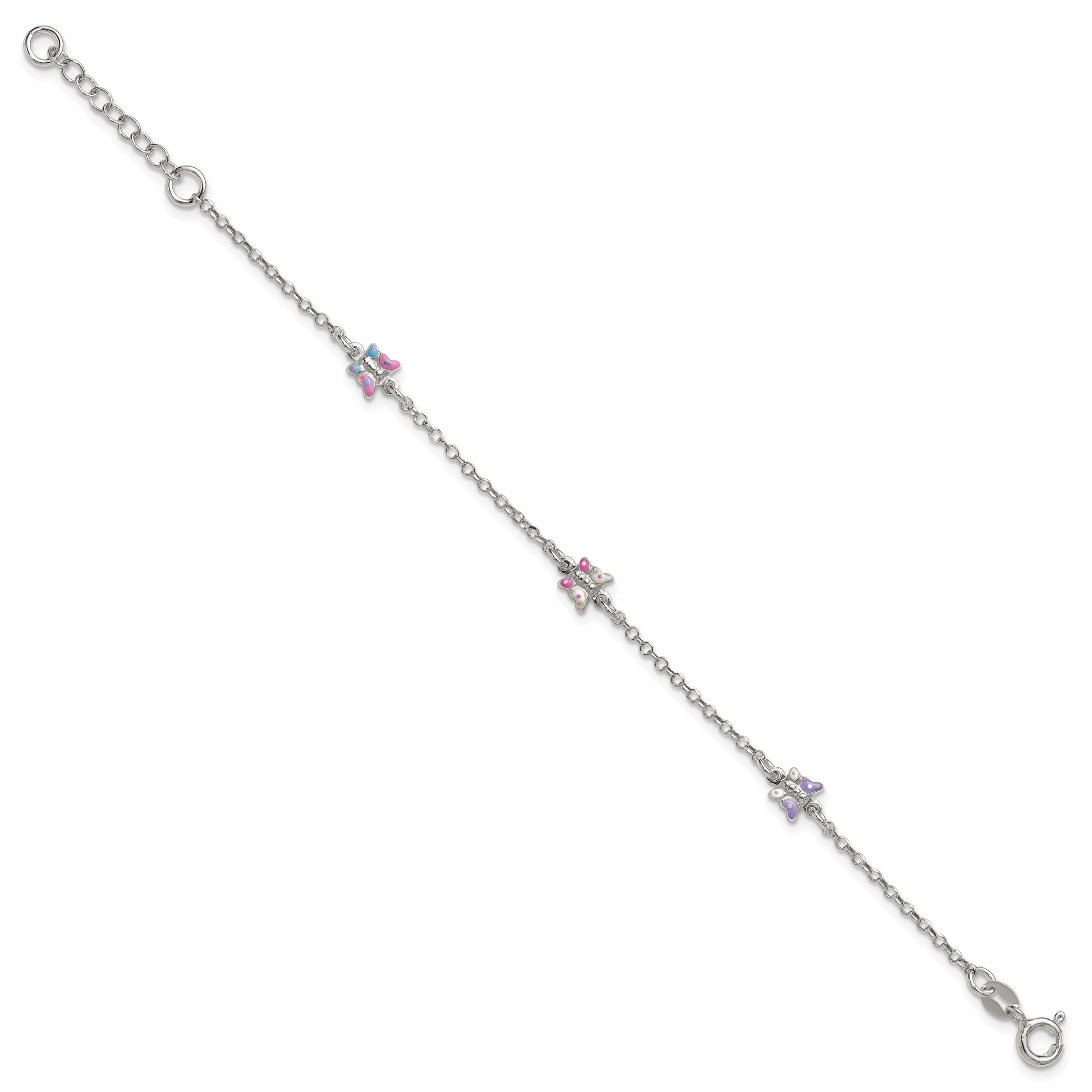Sterling Silver Polished Pink/Purple/White/Blue Enameled Butterfly 6 inch with 1 inch extension Childrens Bracelet