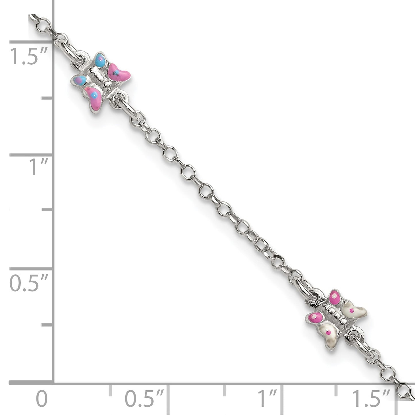 Sterling Silver Polished Pink/Purple/White/Blue Enameled Butterfly 6 inch with 1 inch extension Childrens Bracelet