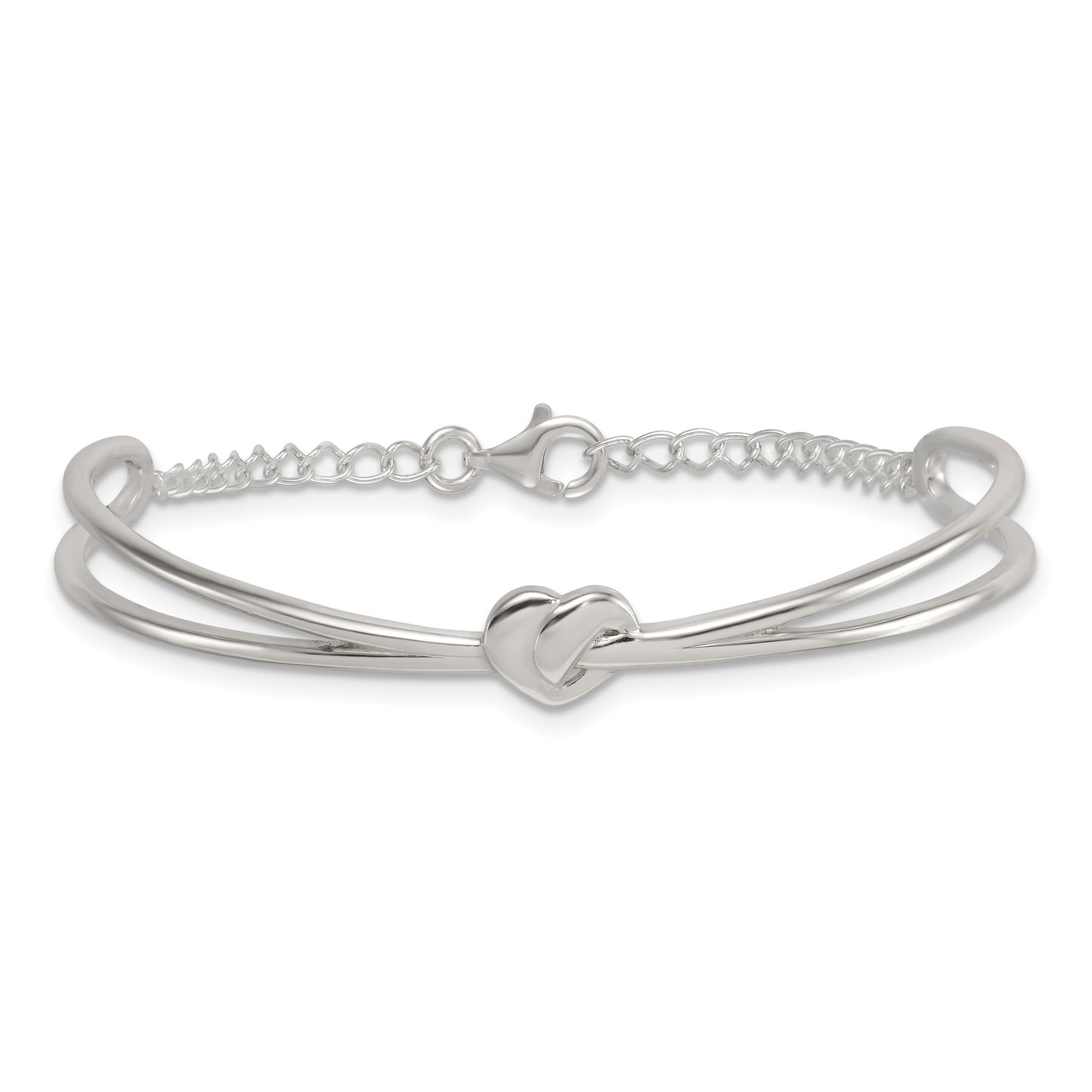 Sterling Silver Polished Twisted Heart Childrens Cuff Bracelet with Safety Chain