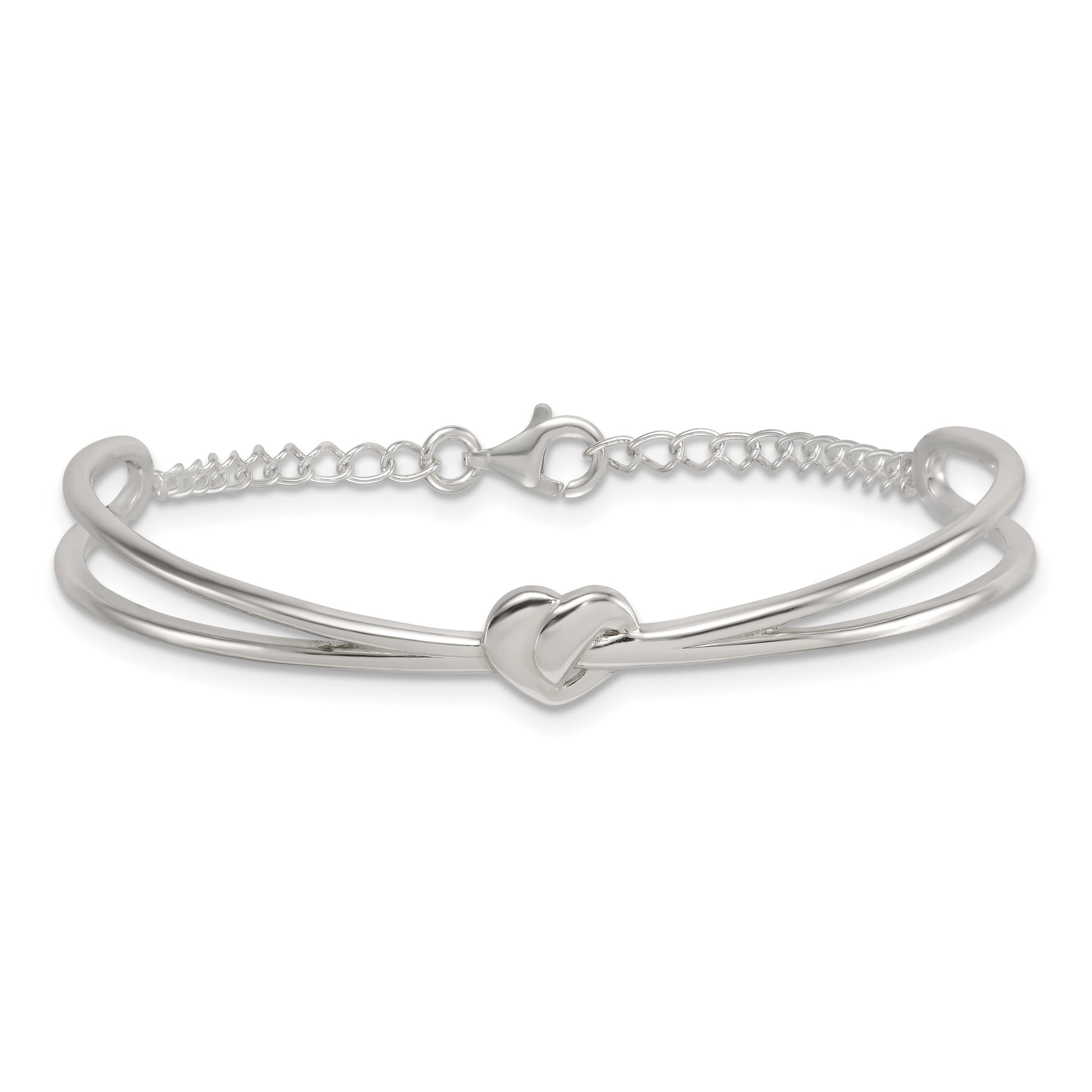 Sterling Silver Polished Twisted Heart Childrens Cuff Bracelet with Safety Chain