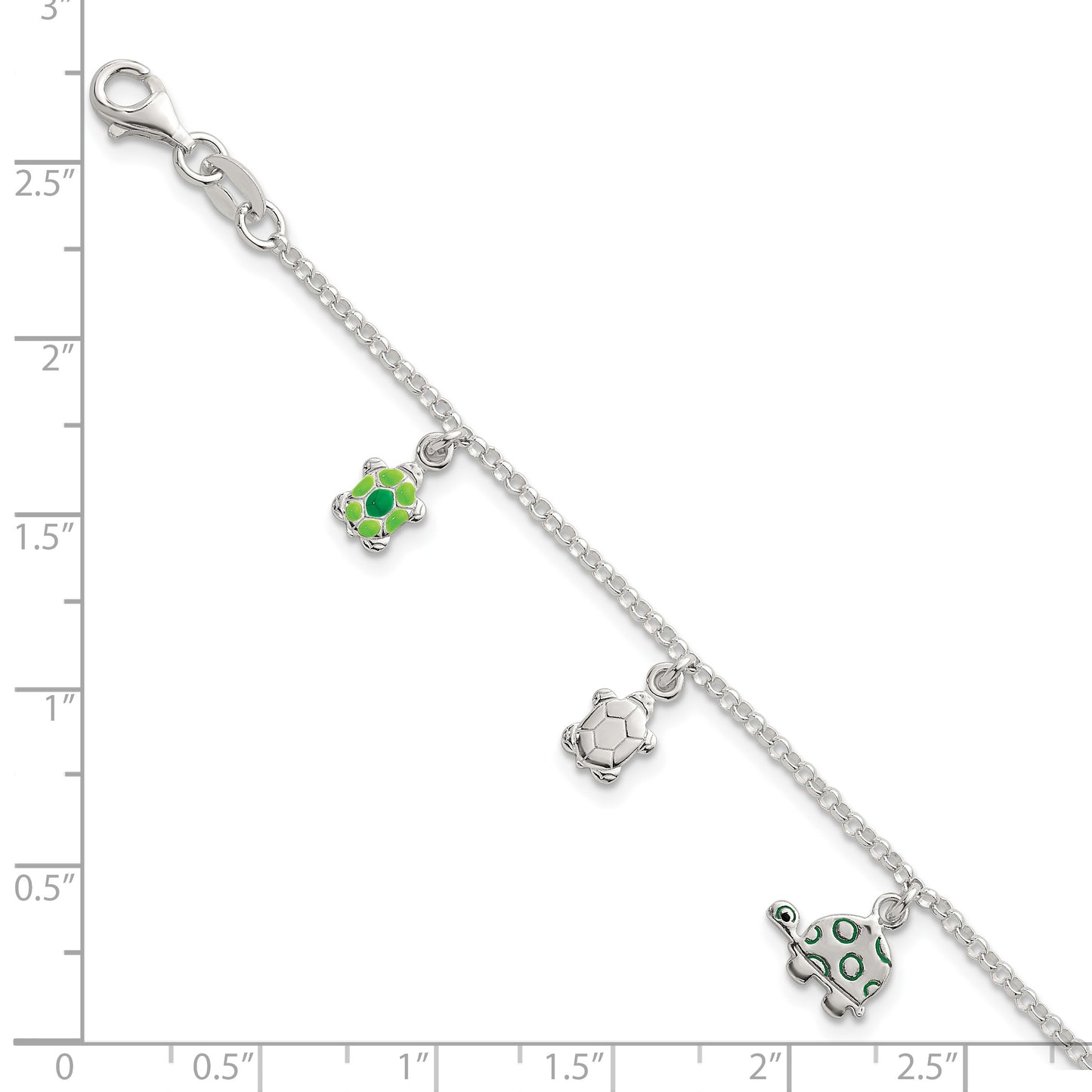 Sterling Silver Polished Green Enamel Turtles Childrens 6 inch Bracelet