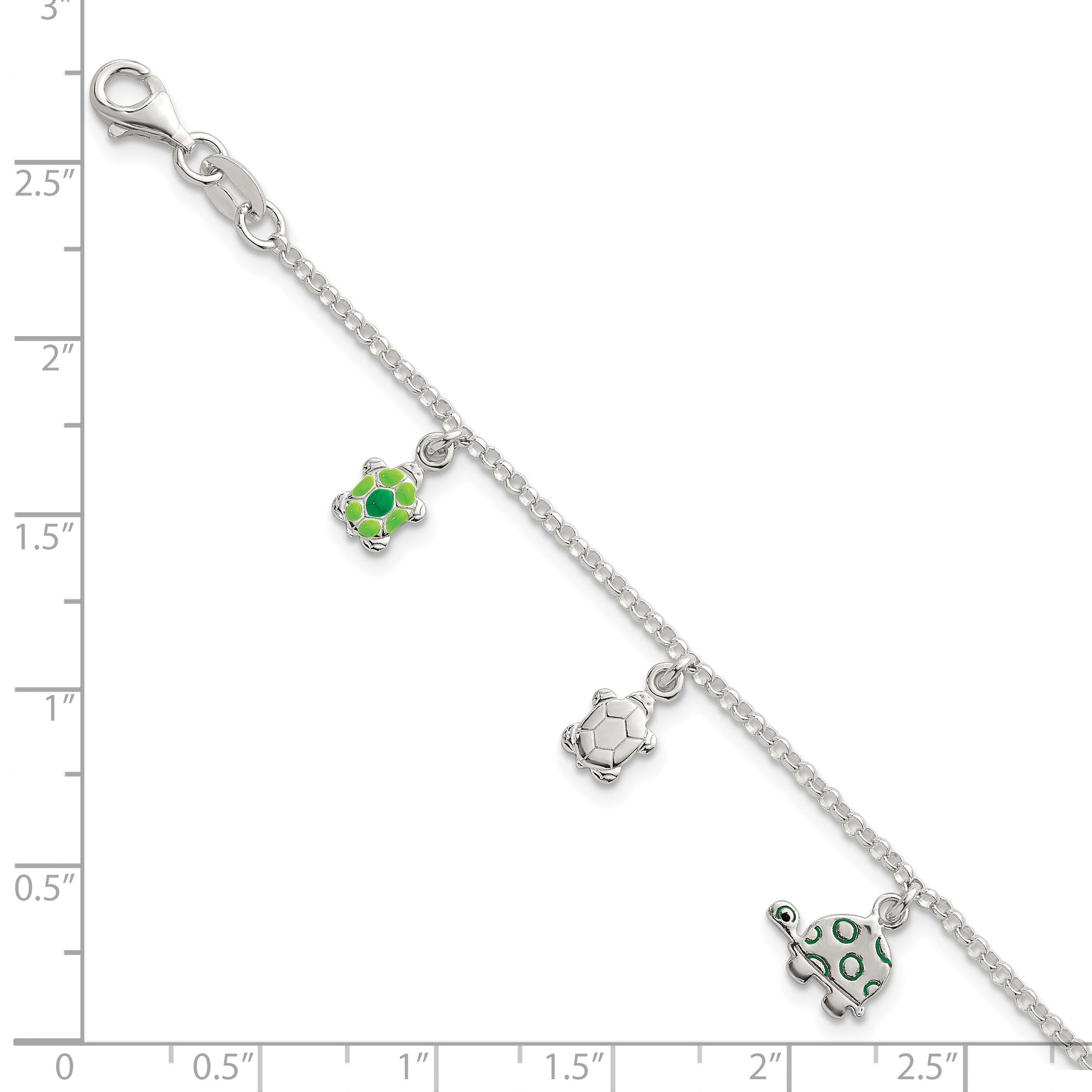 Sterling Silver Polished Green Enamel Turtles Childrens 6 inch Bracelet
