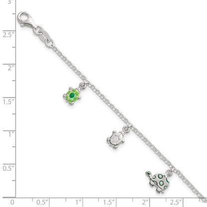 Sterling Silver Polished Green Enamel Turtles Childrens 6 inch Bracelet