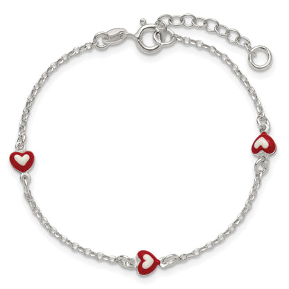 Sterling Silver Polished Red and White Enameled Hearts 6 inch with 1 inch extension Childrens Bracelet