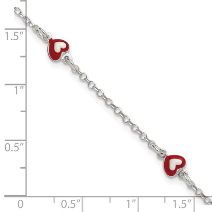Sterling Silver Polished Red and White Enameled Hearts 6 inch with 1 inch extension Childrens Bracelet