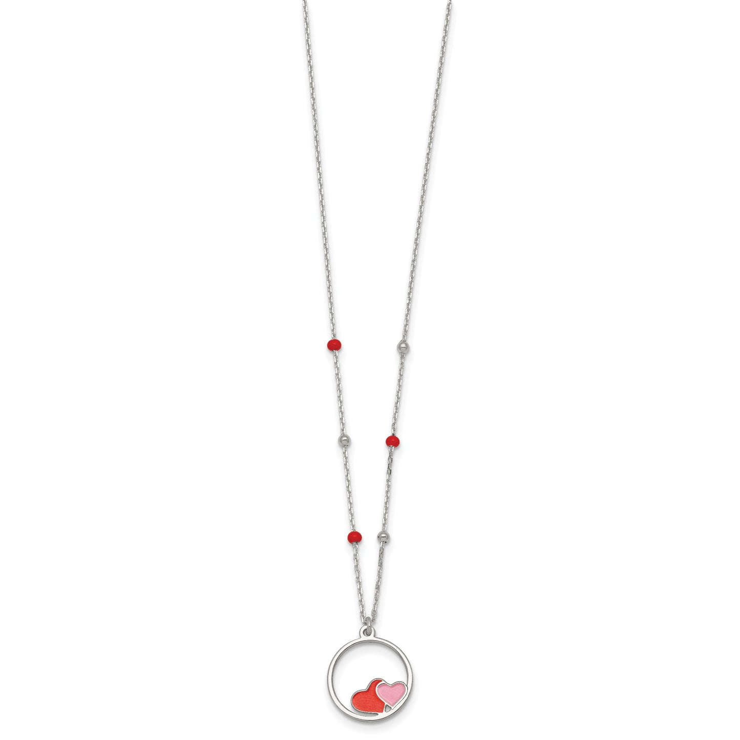 Sterling Silver Polished Beaded Red and Pink Enameled Hearts in Circle Childrens 14 inch Necklace