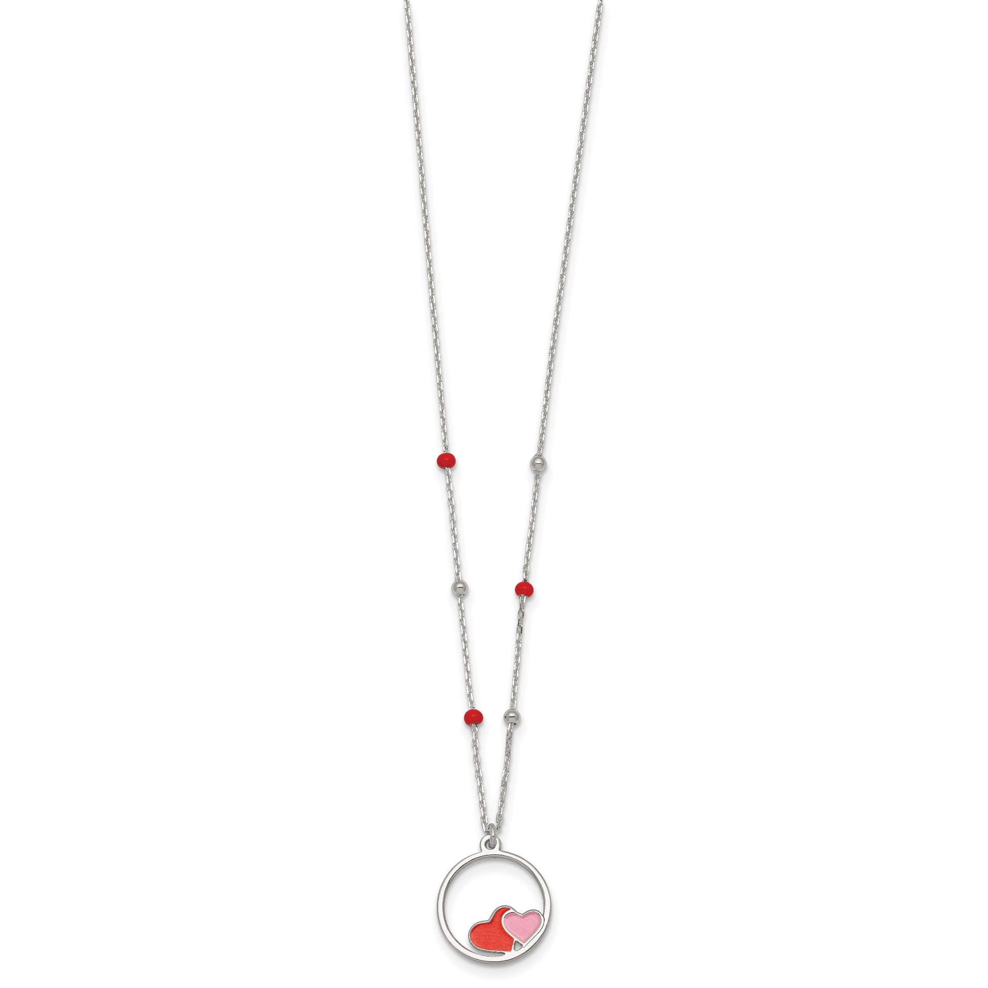 Sterling Silver Polished Beaded Red and Pink Enameled Hearts in Circle Childrens 14 inch Necklace