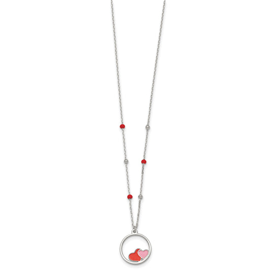 Sterling Silver Polished Beaded Red and Pink Enameled Hearts in Circle Childrens 14 inch Necklace