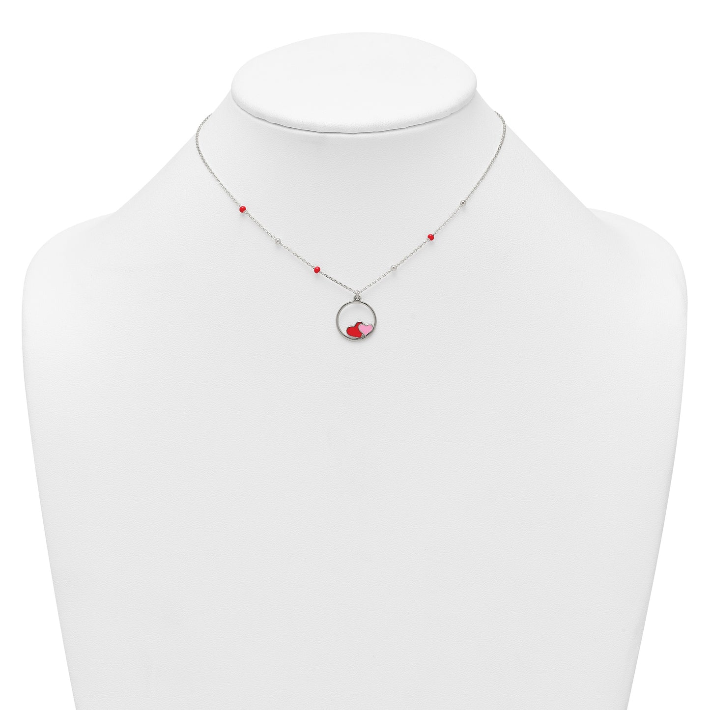 Sterling Silver Polished Beaded Red and Pink Enameled Hearts in Circle Childrens 14 inch Necklace