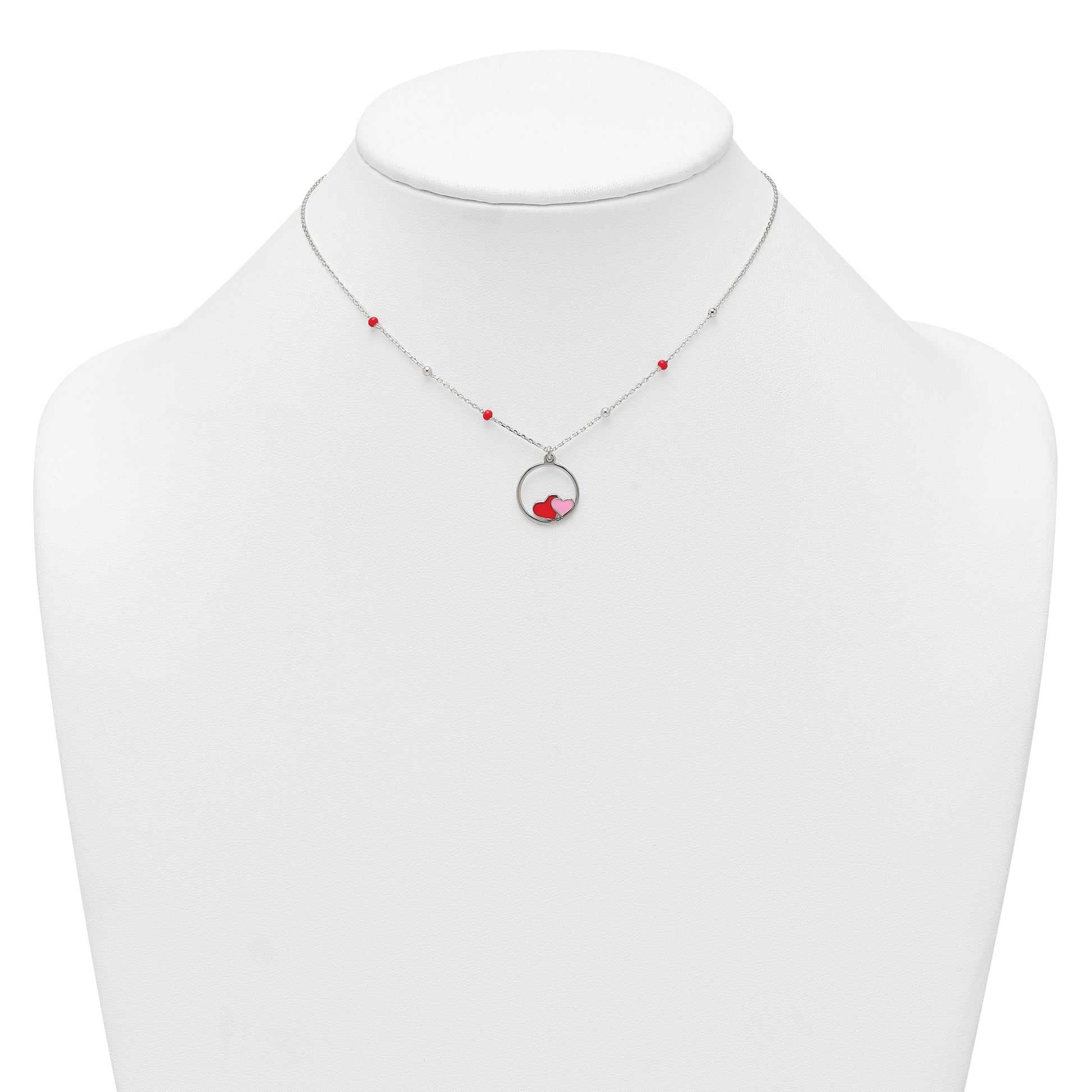 Sterling Silver Polished Beaded Red and Pink Enameled Hearts in Circle Childrens 14 inch Necklace