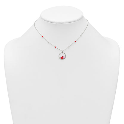 Sterling Silver Polished Beaded Red and Pink Enameled Hearts in Circle Childrens 14 inch Necklace