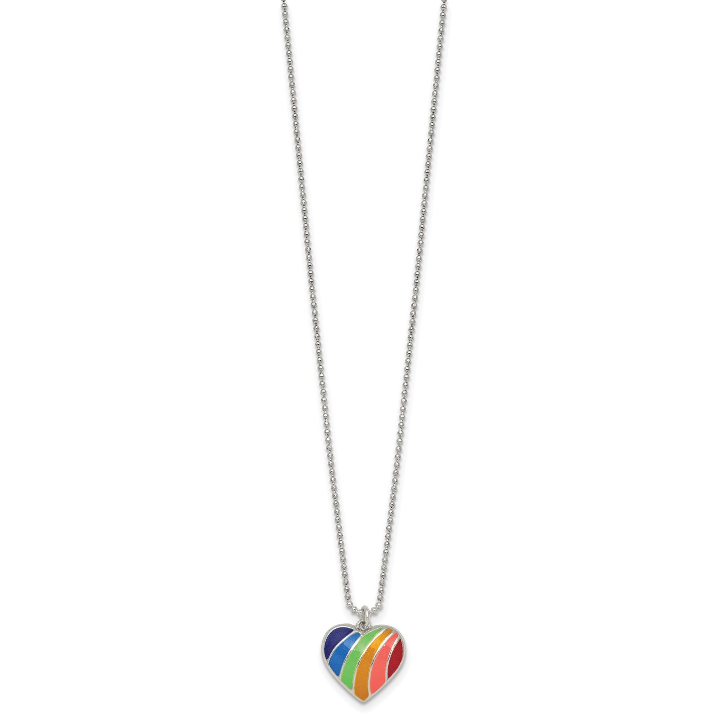 Sterling Silver Polished Rainbow Enameled Heart 16 inch Necklace