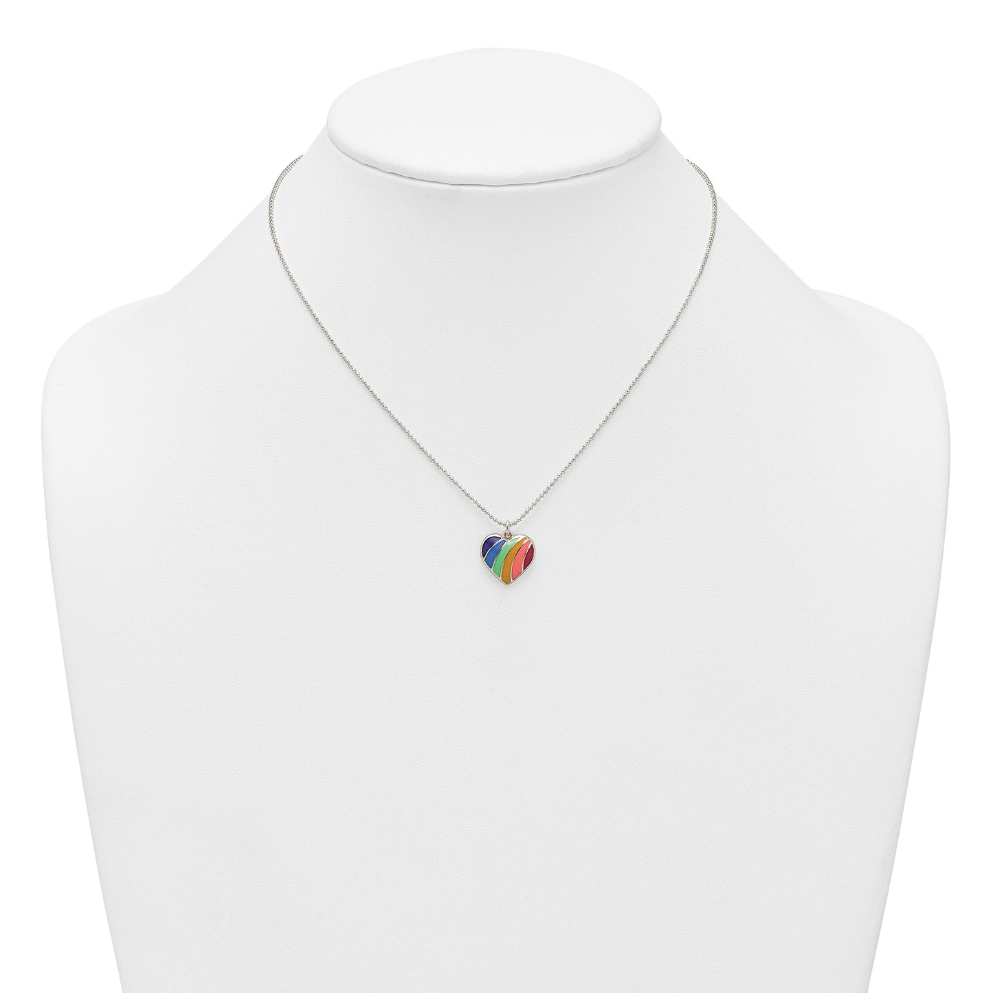 Sterling Silver Polished Rainbow Enameled Heart 16 inch Necklace