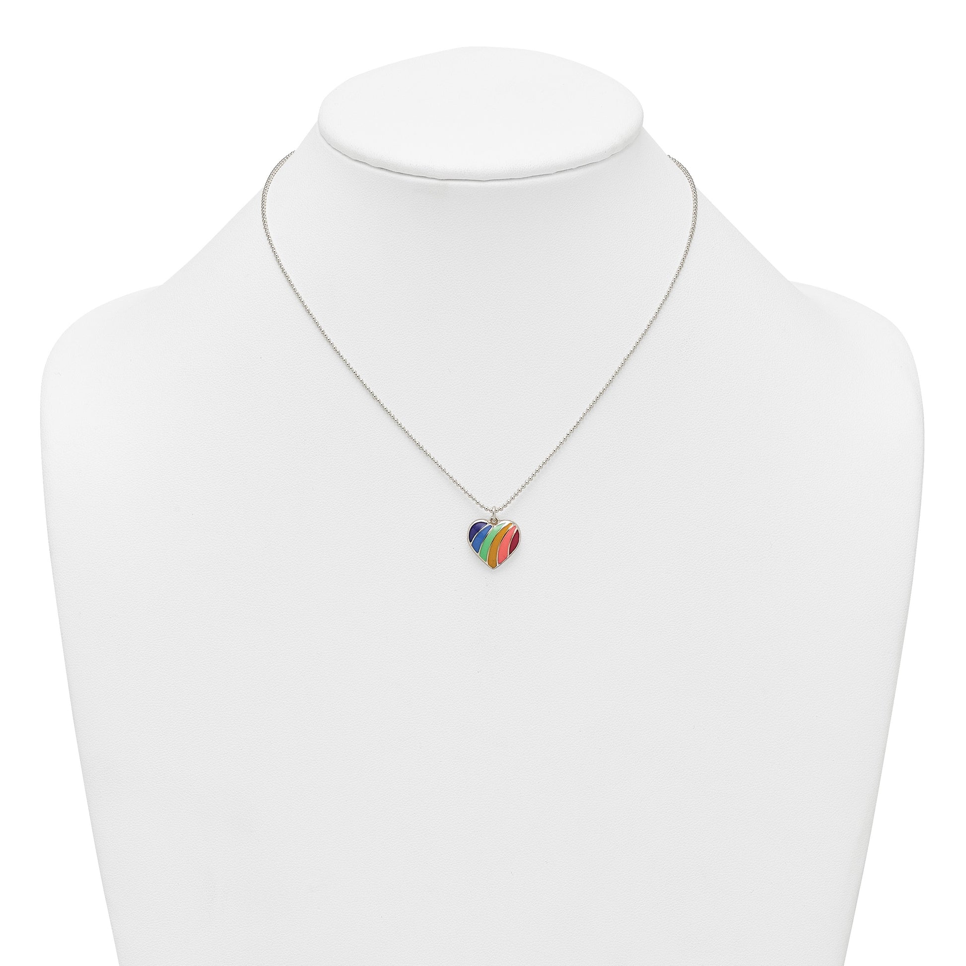 Sterling Silver Polished Rainbow Enameled Heart 16 inch Necklace
