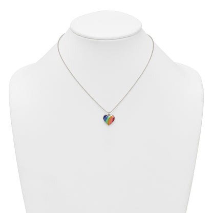 Sterling Silver Polished Rainbow Enameled Heart 16 inch Necklace