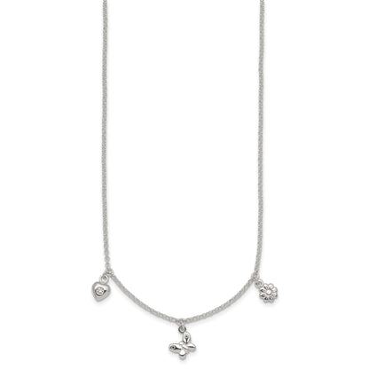Sterling Silver Polished White CZ Heart/Flower/Butterfly Childrens 14 inch with 1 inch Extension Necklace