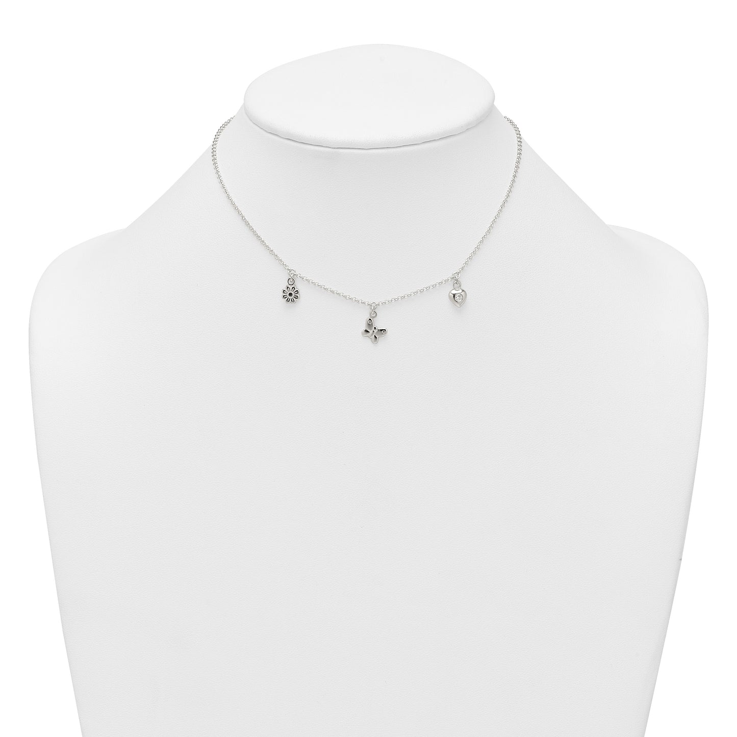 Sterling Silver Polished White CZ Heart/Flower/Butterfly Childrens 14 inch with 1 inch Extension Necklace