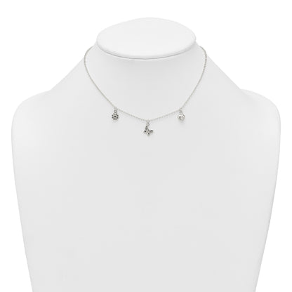 Sterling Silver Polished White CZ Heart/Flower/Butterfly Childrens 14 inch with 1 inch Extension Necklace