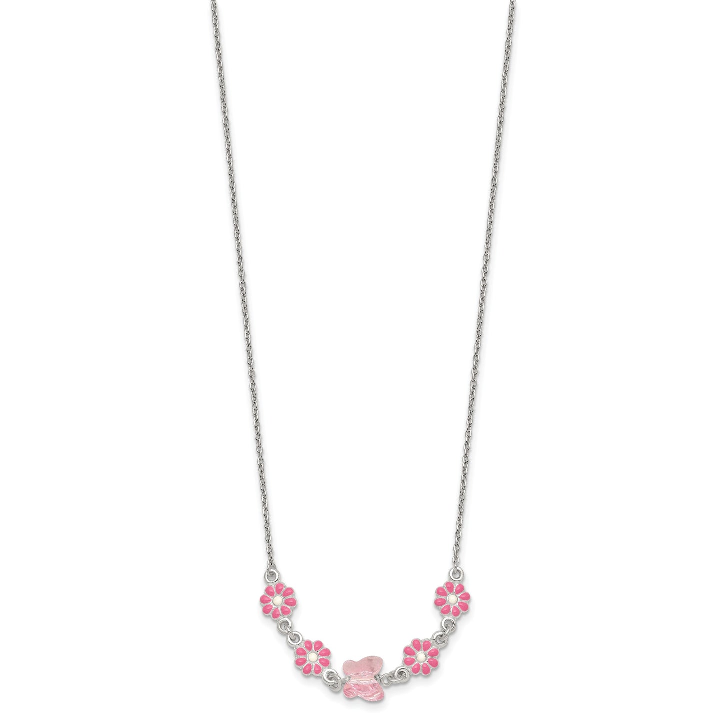 Sterling Silver Polished Pink Enameled Flowers and Pink Glass Butterfly Childrens 14 inch Necklace