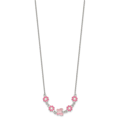 Sterling Silver Polished Pink Enameled Flowers and Pink Glass Butterfly Childrens 14 inch Necklace
