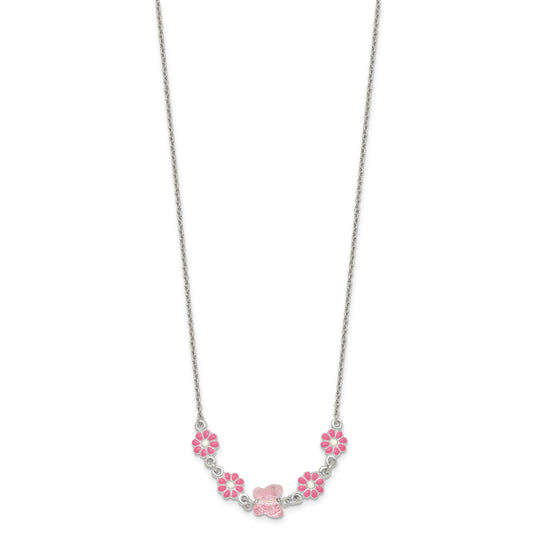 Sterling Silver Polished Pink Enameled Flowers and Pink Glass Butterfly Childrens 14 inch Necklace