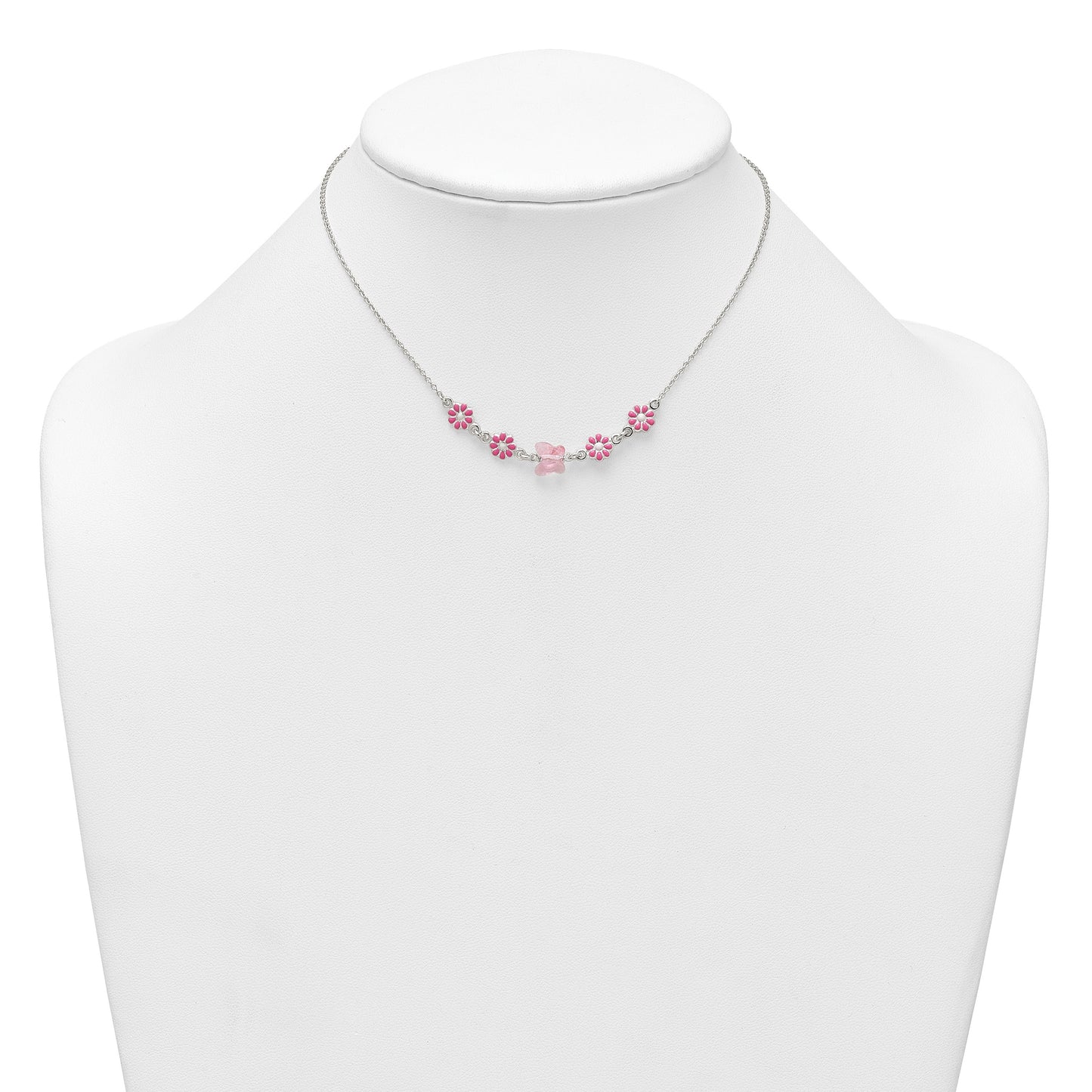 Sterling Silver Polished Pink Enameled Flowers and Pink Glass Butterfly Childrens 14 inch Necklace