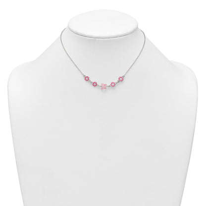 Sterling Silver Polished Pink Enameled Flowers and Pink Glass Butterfly Childrens 14 inch Necklace