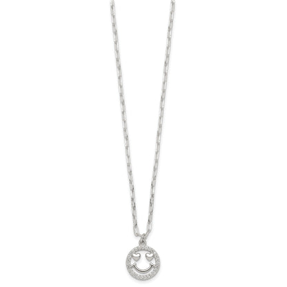 Sterling Silver Polished White CZ Smiley Face with Heart Eyes 16 inch Necklace