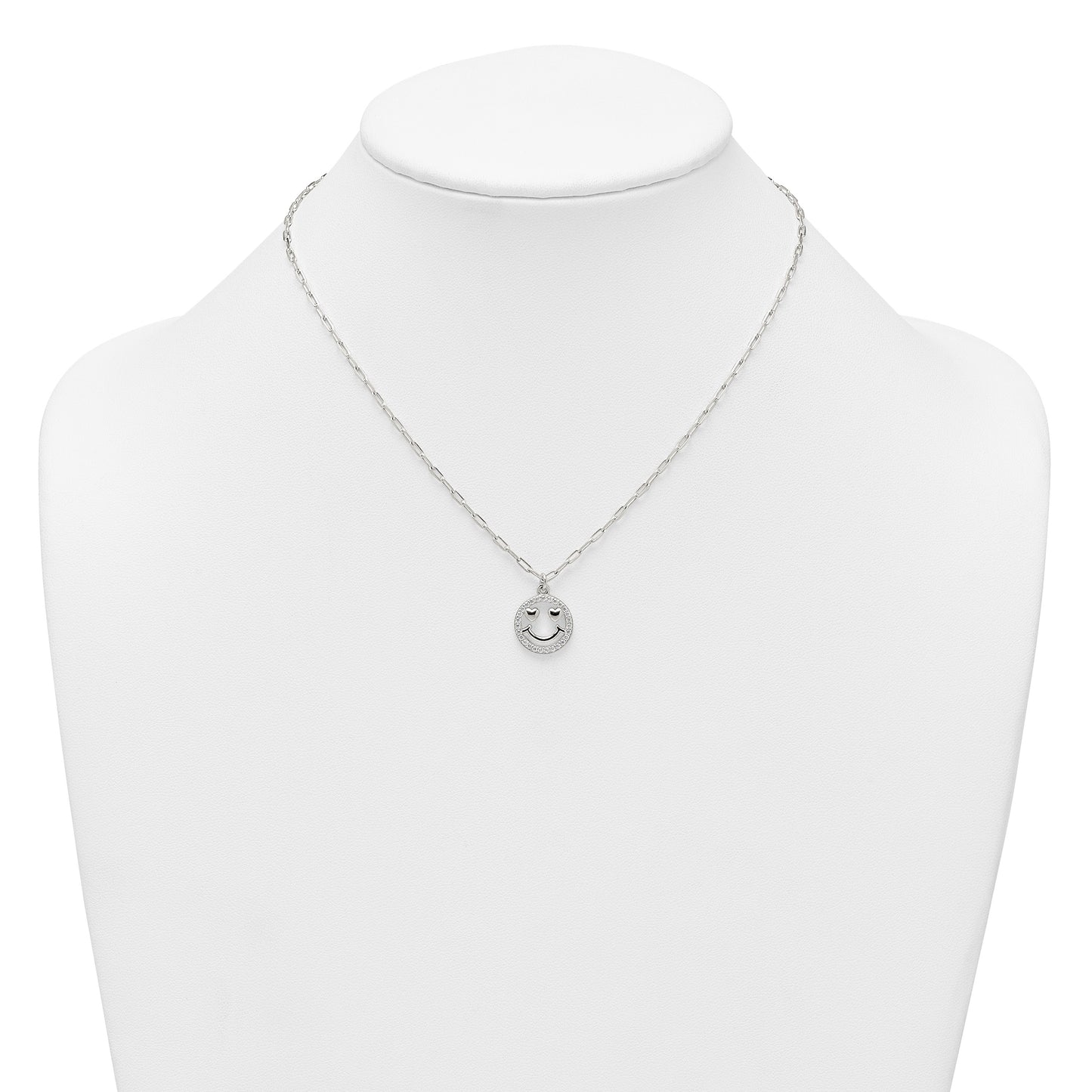 Sterling Silver Polished White CZ Smiley Face with Heart Eyes 16 inch Necklace