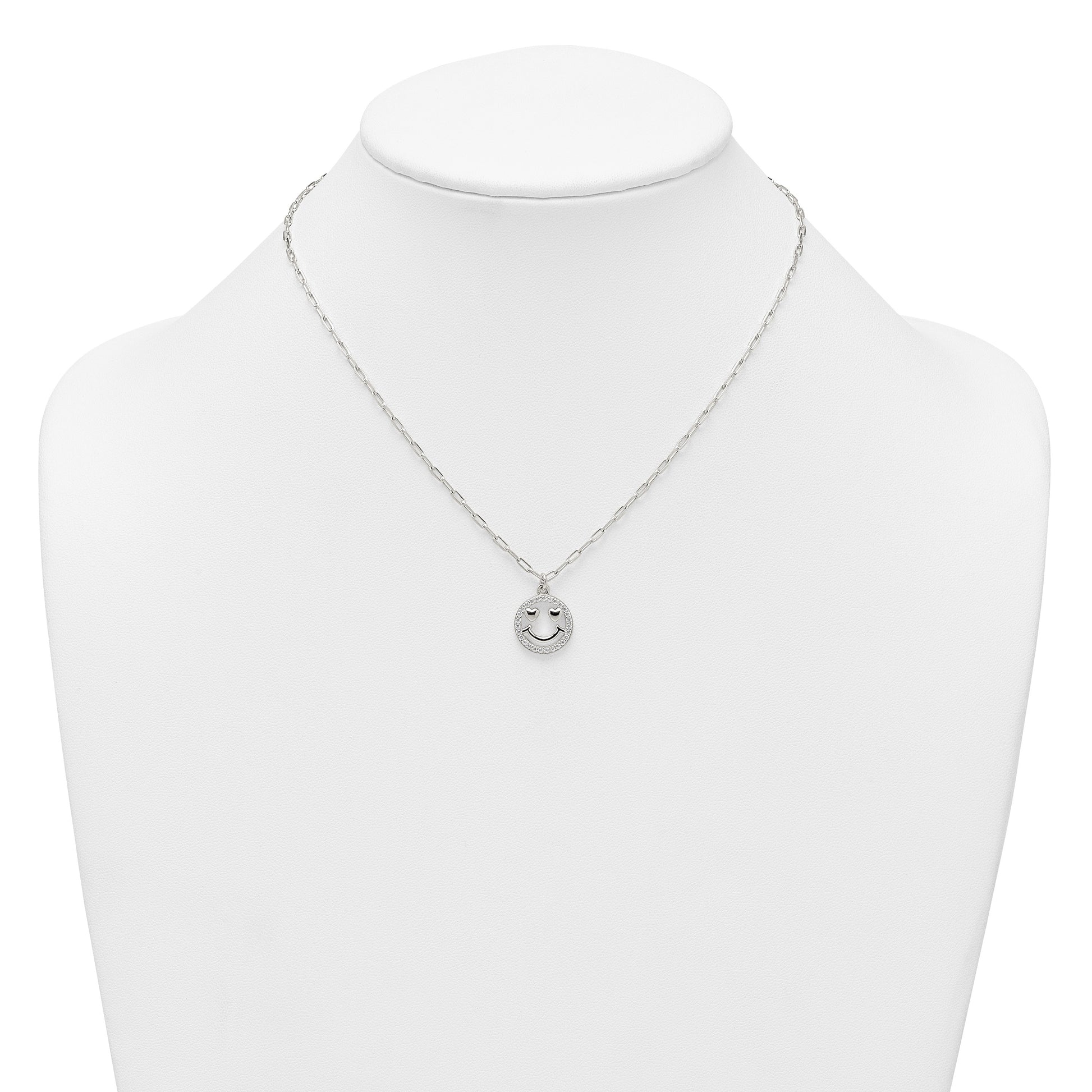Sterling Silver Polished White CZ Smiley Face with Heart Eyes 16 inch Necklace