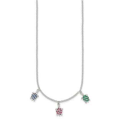 Sterling Silver Polished Green/Red/Blue Nano Crystal Turtles 16 inch Necklace