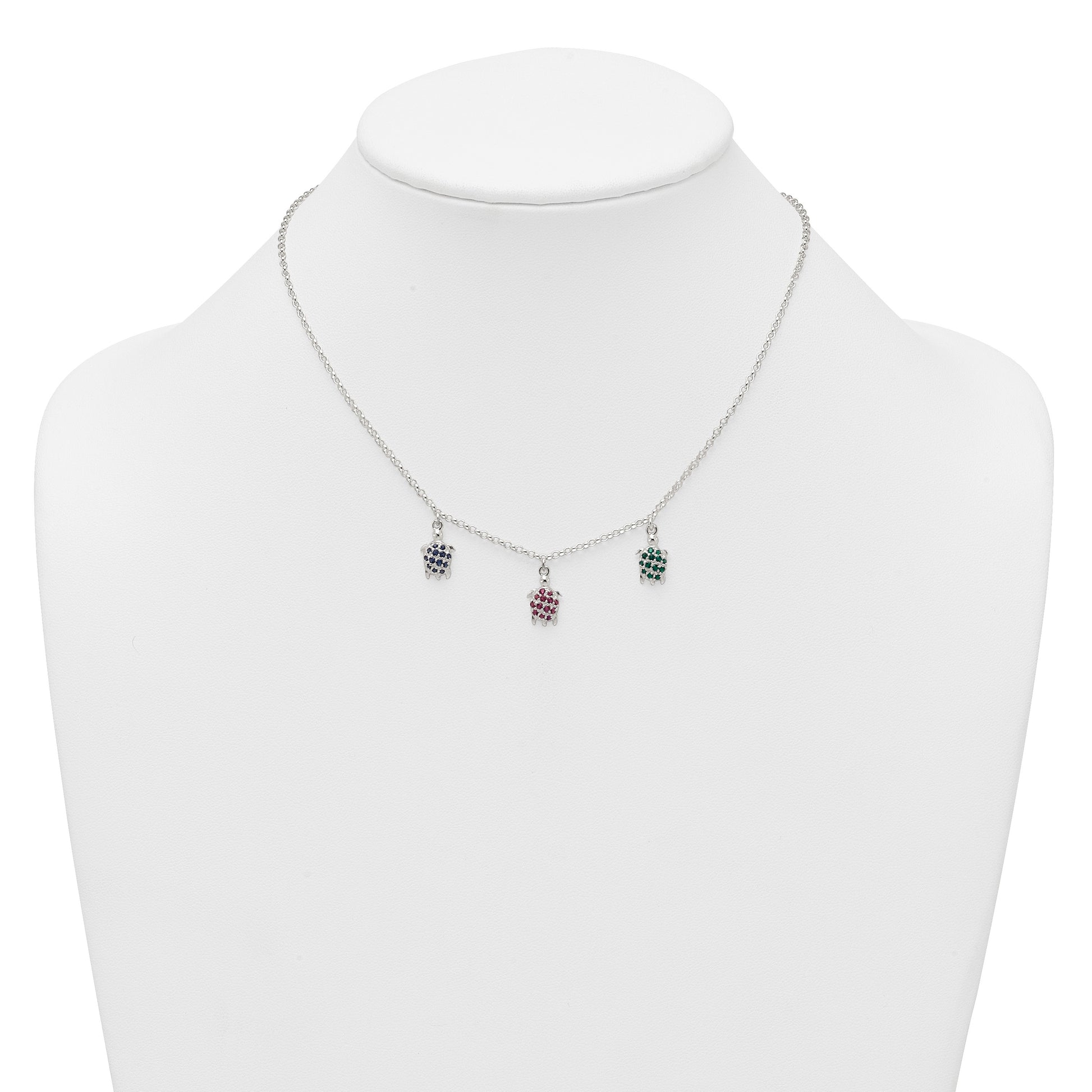 Sterling Silver Polished Green/Red/Blue Nano Crystal Turtles 16 inch Necklace