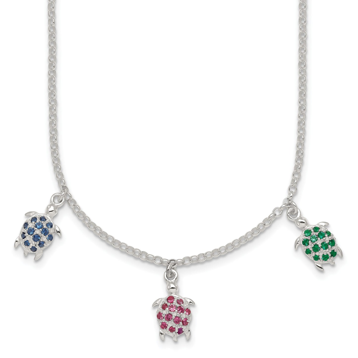 Sterling Silver Polished Green/Red/Blue Nano Crystal Turtles 16 inch Necklace