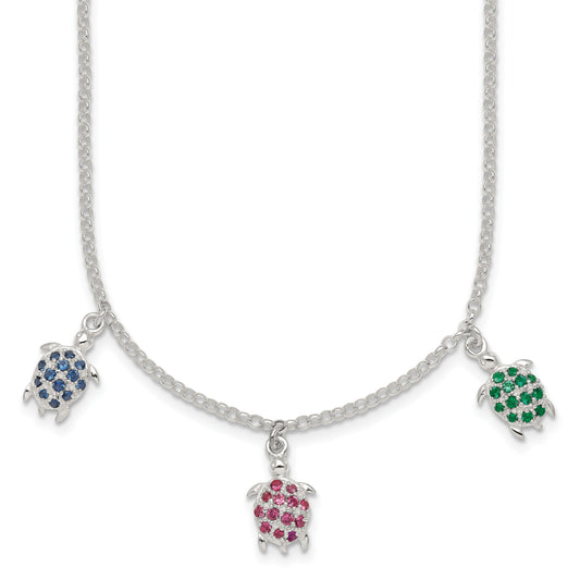 Sterling Silver Polished Green/Red/Blue Nano Crystal Turtles 16 inch Necklace