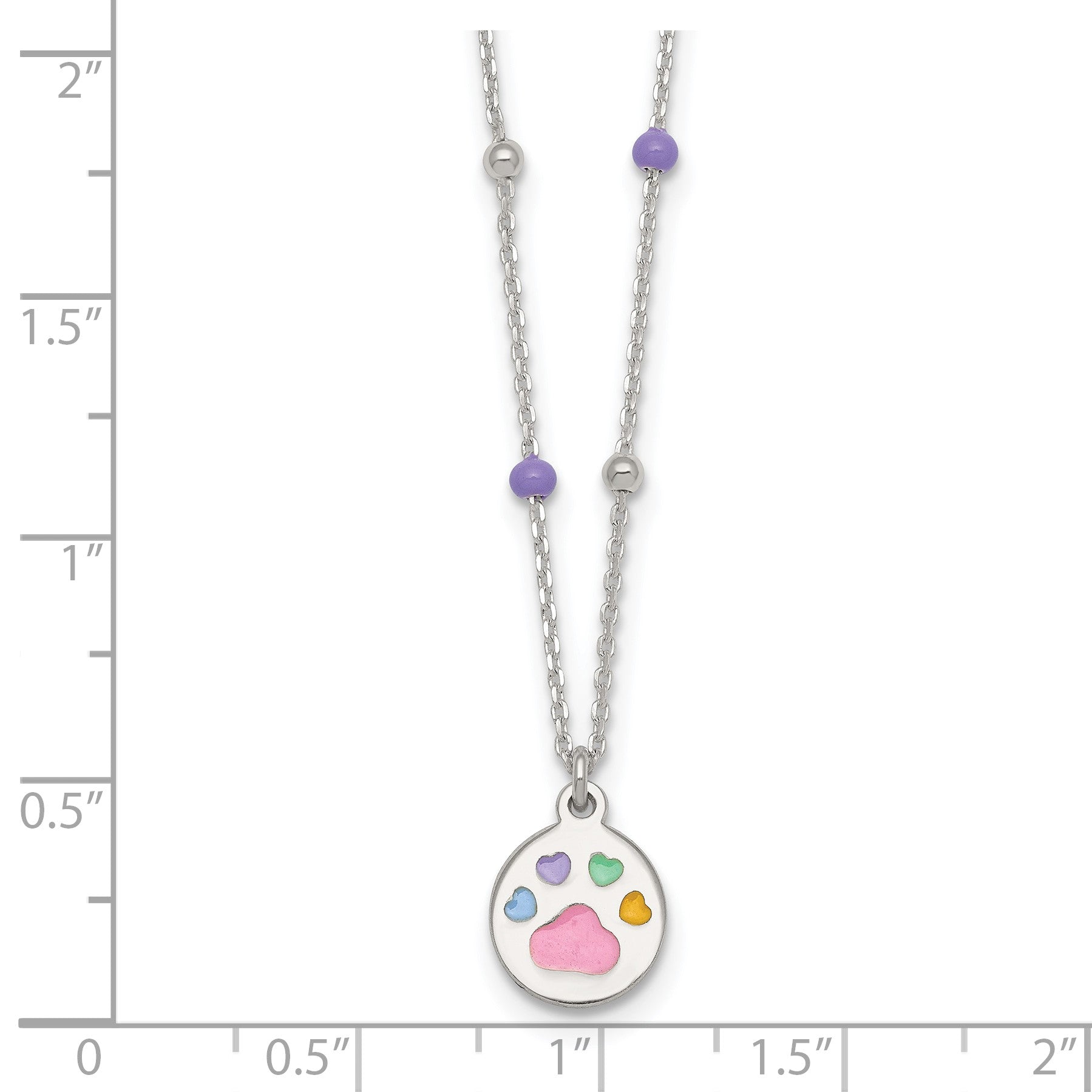 Sterling Silver Polished Beaded Enameled Multi-color Heart Pawprint Childrens 14 inch Necklace