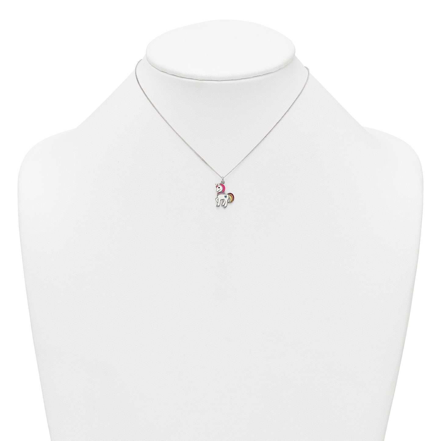 Sterling Silver Polished White and Rainbow Enameled Unicorn Childrens 14 inch Necklace