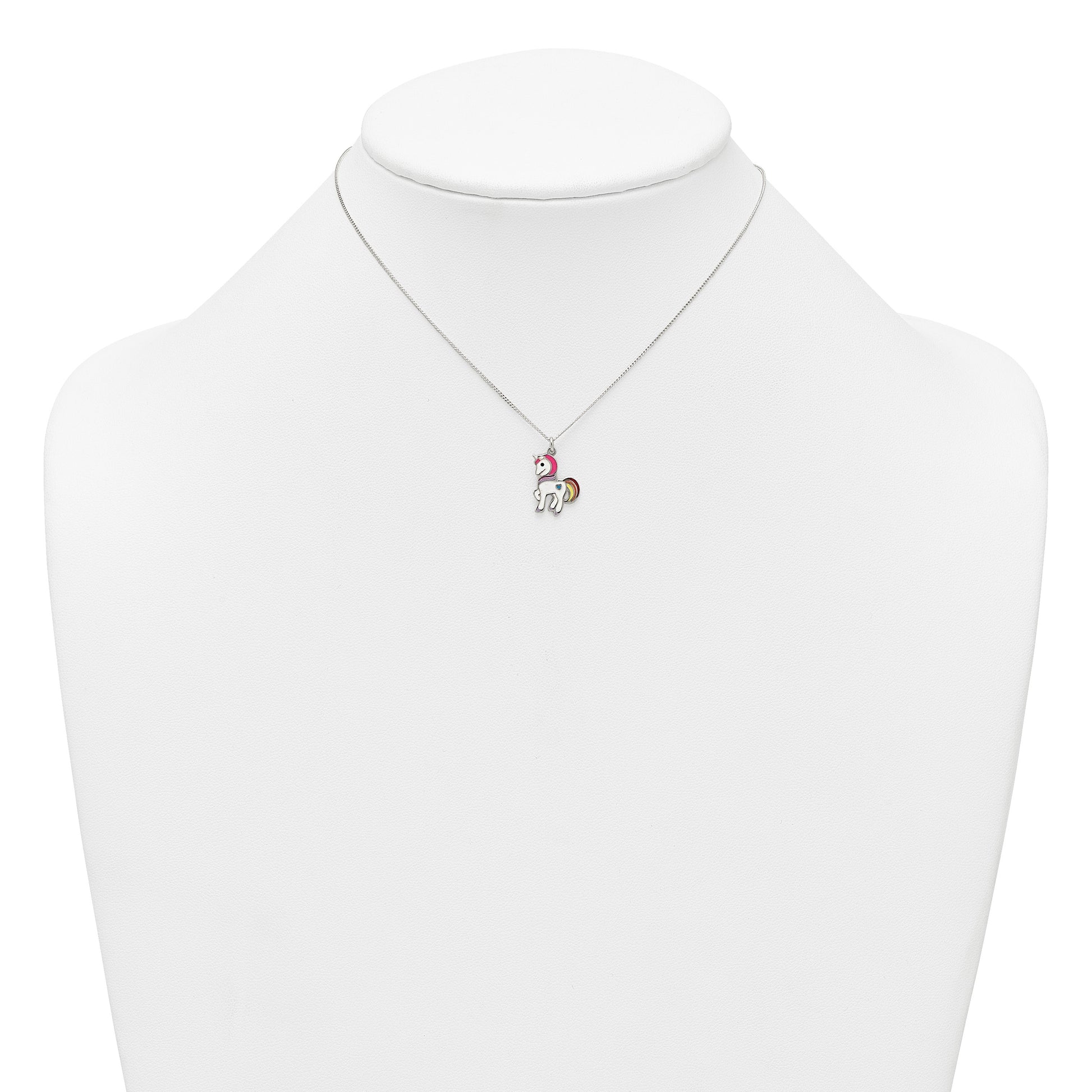 Sterling Silver Polished White and Rainbow Enameled Unicorn Childrens 14 inch Necklace