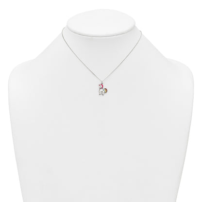 Sterling Silver Polished White and Rainbow Enameled Unicorn Childrens 14 inch Necklace