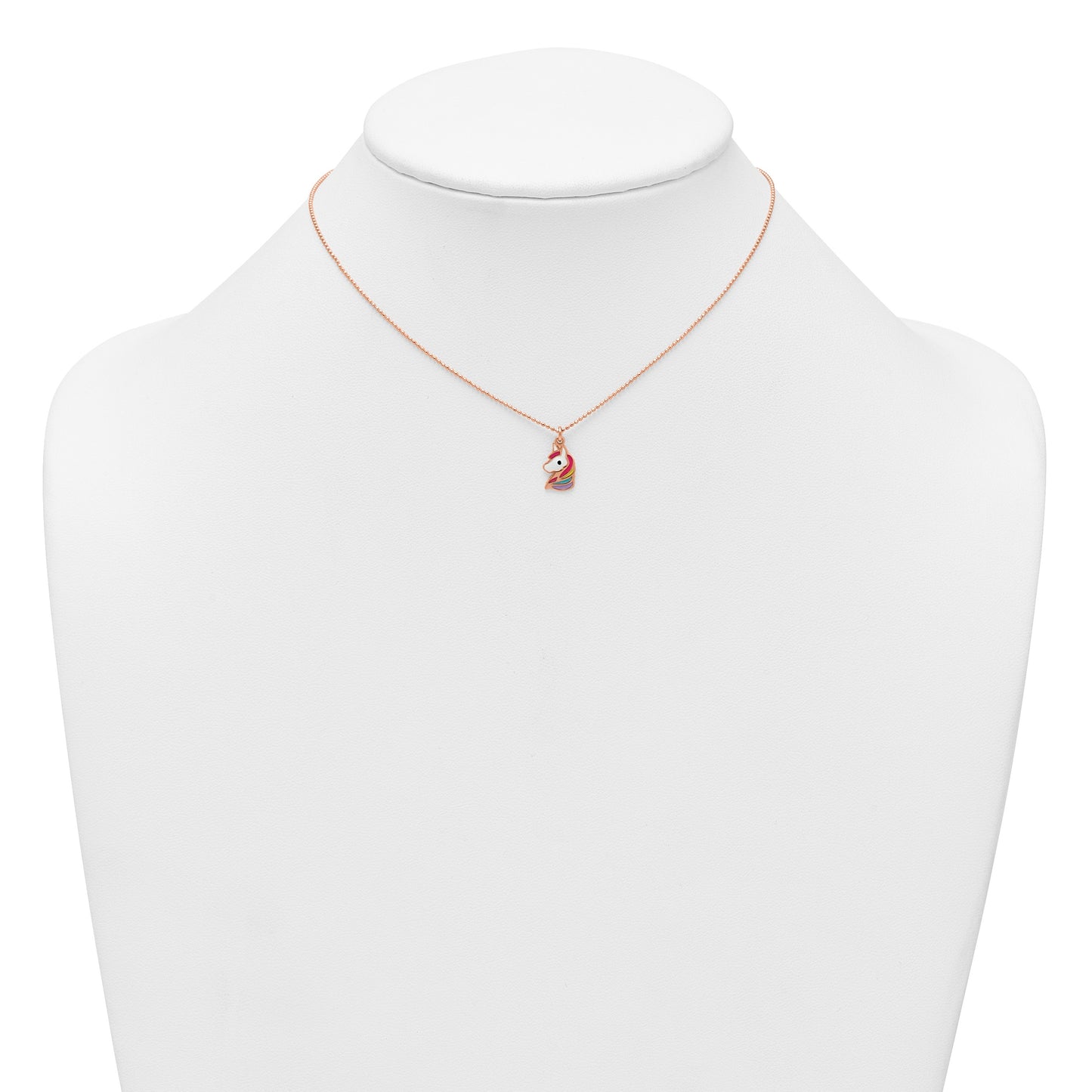 Sterling Silver Rose-tone Polished White and Rainbow Enameled Unicorn Childrens 14 inch Necklace