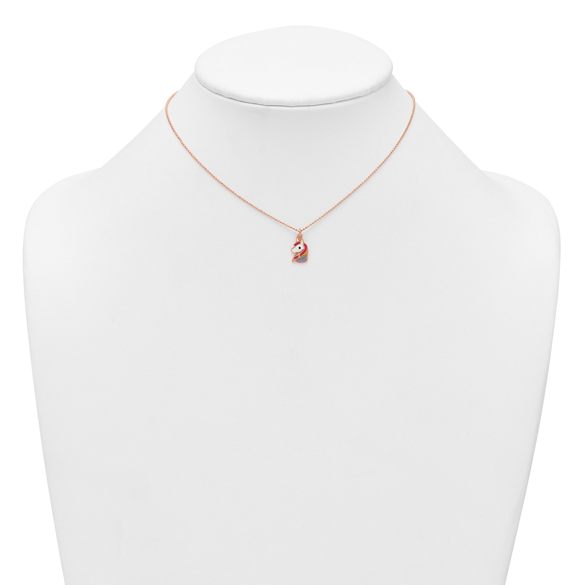 Sterling Silver Rose-tone Polished White and Rainbow Enameled Unicorn Childrens 14 inch Necklace