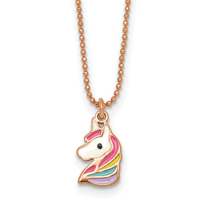 Sterling Silver Rose-tone Polished White and Rainbow Enameled Unicorn Childrens 14 inch Necklace